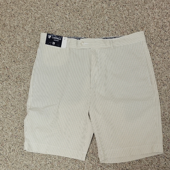 Cremieux Mens Striped Khaki White Flat Front 100% Cotton Shorts 9" Inseam Sz 34 - Picture 1 of 6
